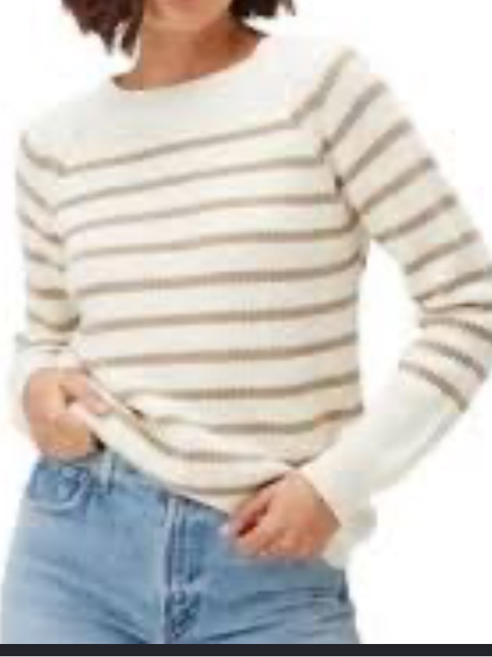 Amour Vert Sweater Women L Cream Brown Stripe Organic Cotton Raglan Crew Neck